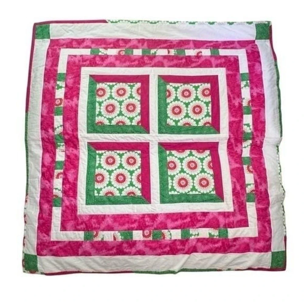 Handmade Patchwork Quilt Bright Pink Green White Floral Boho Cottage 58